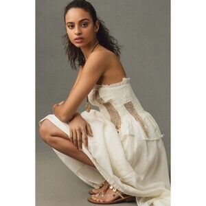 Anthropologie Midi Dress Women Ivory Linen Patchwork Preppy Boho City Medium NWT